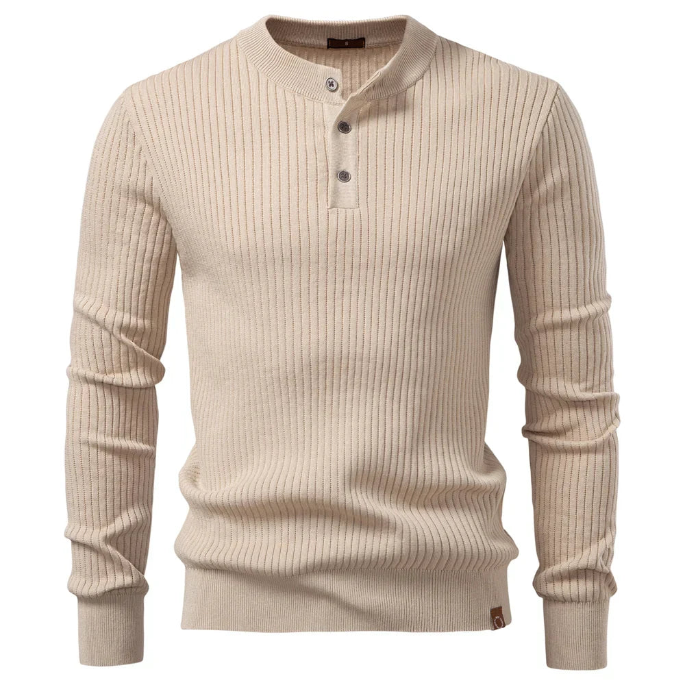Button Placket Polo Shirt Men Ribbed Stripe Long Sleeve Contemporary Fit Minimalist Autumn Winter Premium Business Top