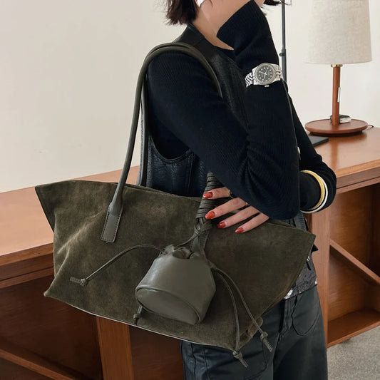Vintage Large Capacity Suede Tote Bag Designer Trapeze Shoulder Bags for Women Luxury Genuine Leather Handbag and Purse 2026