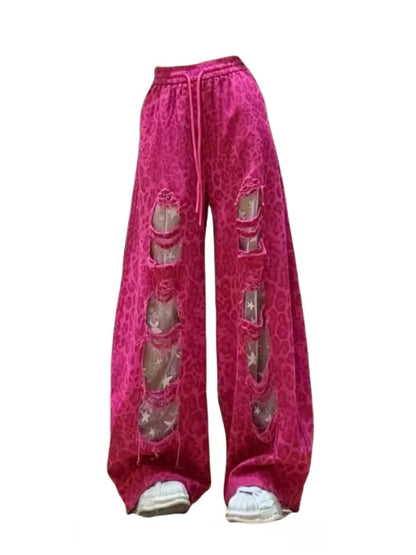 Retro American Lace Leopard Print Patchwork Hole Denim Pants Women Summer New Elastic Waist Wide Leg Slimming Floor-Length Pants