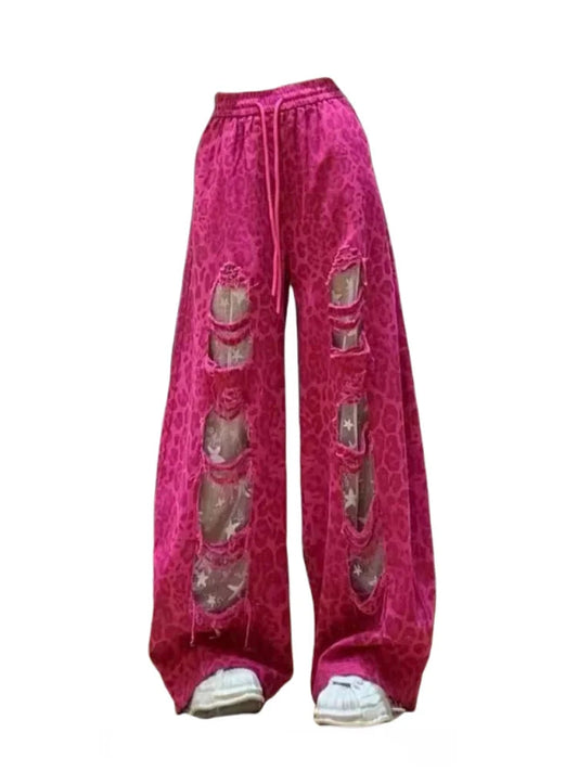 Retro American Lace Leopard Print Patchwork Hole Denim Pants Women Summer New Elastic Waist Wide Leg Slimming Floor-Length Pants
