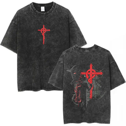 Anime Fullmetal Alchemist Washed T Shirts Edward Elric Alphonse Elric T-Shirt Men's Women Fashion Casual Oversized T-shirts Tops