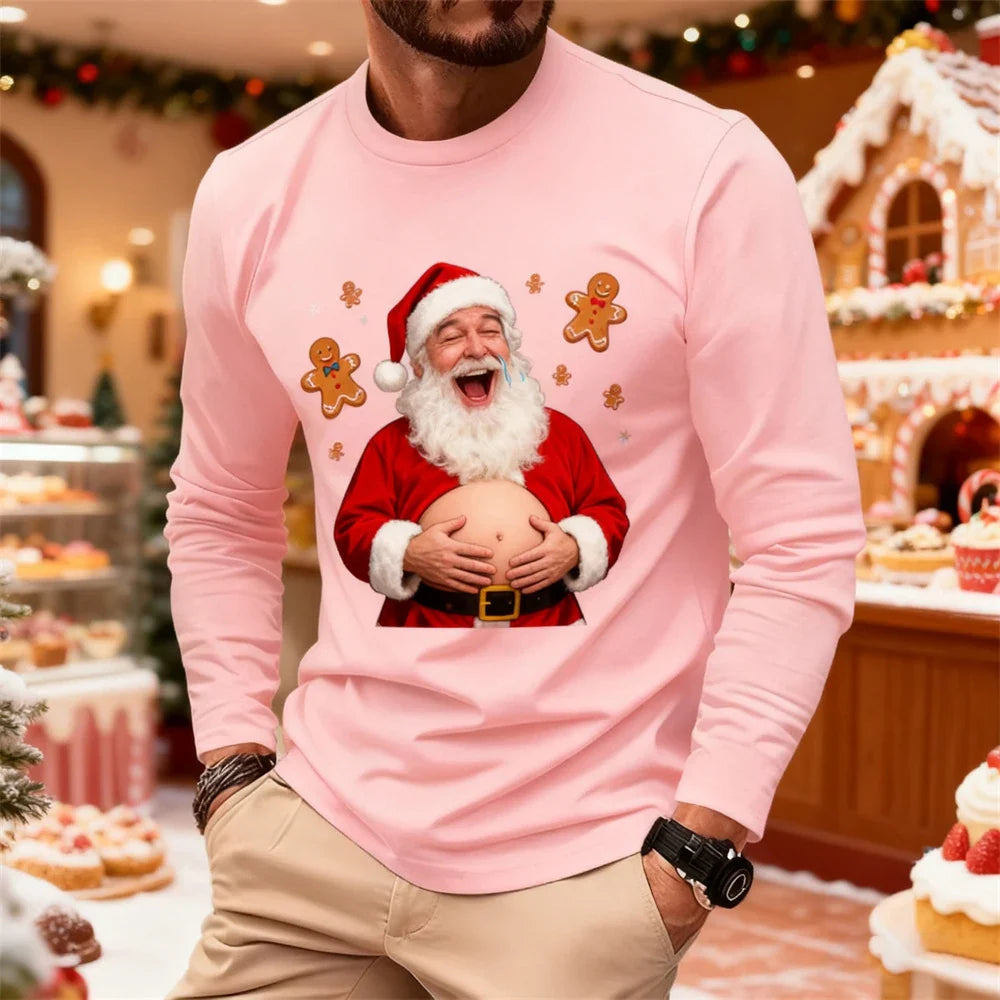 Christmas-Themed Men's Fashion Long-Sleeve T-Shirt Relaxed Fit Comfortable Crew Neck Sweatshirt Holiday Party Attire