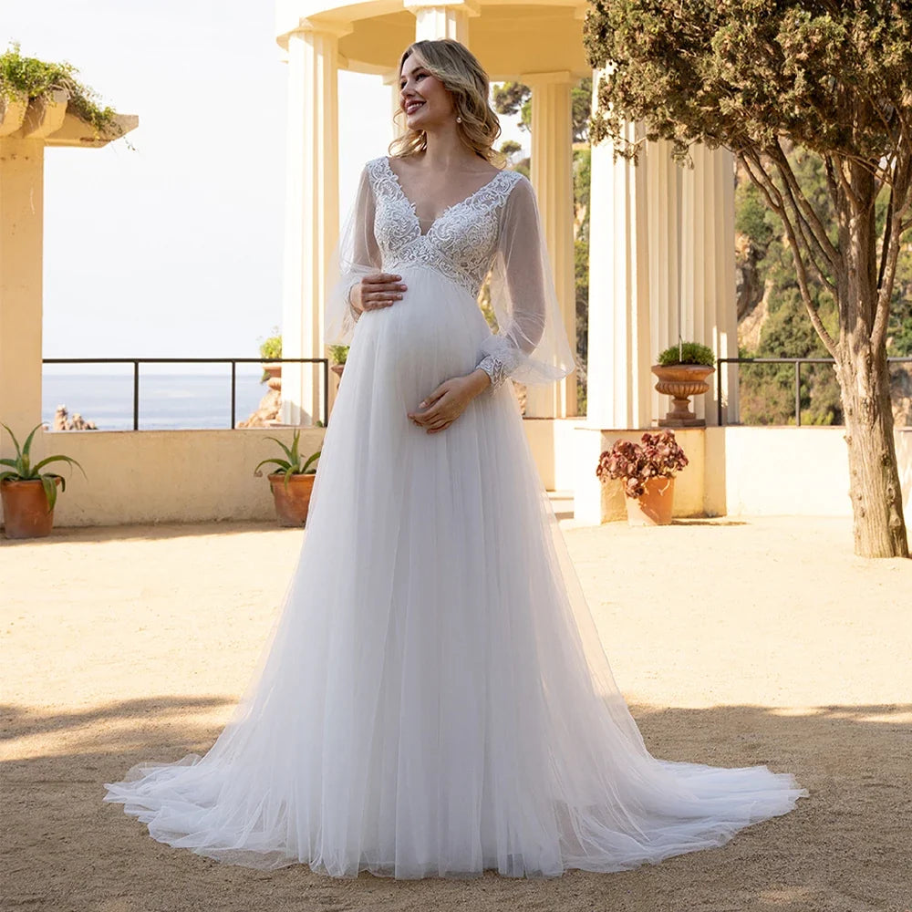 White Ivory Wedding Dress for Pregnant Bride Customized Puff Sleeve V Neck See Through Empire Bridal Gown Lace-up Robe De Mariee