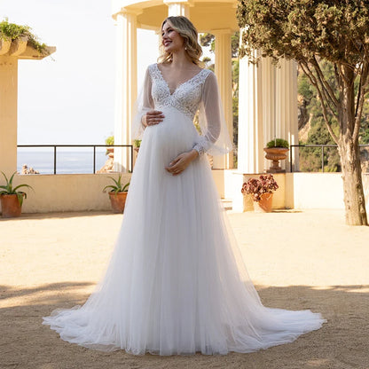 White Ivory Wedding Dress for Pregnant Bride Customized Puff Sleeve V Neck See Through Empire Bridal Gown Lace-up Robe De Mariee