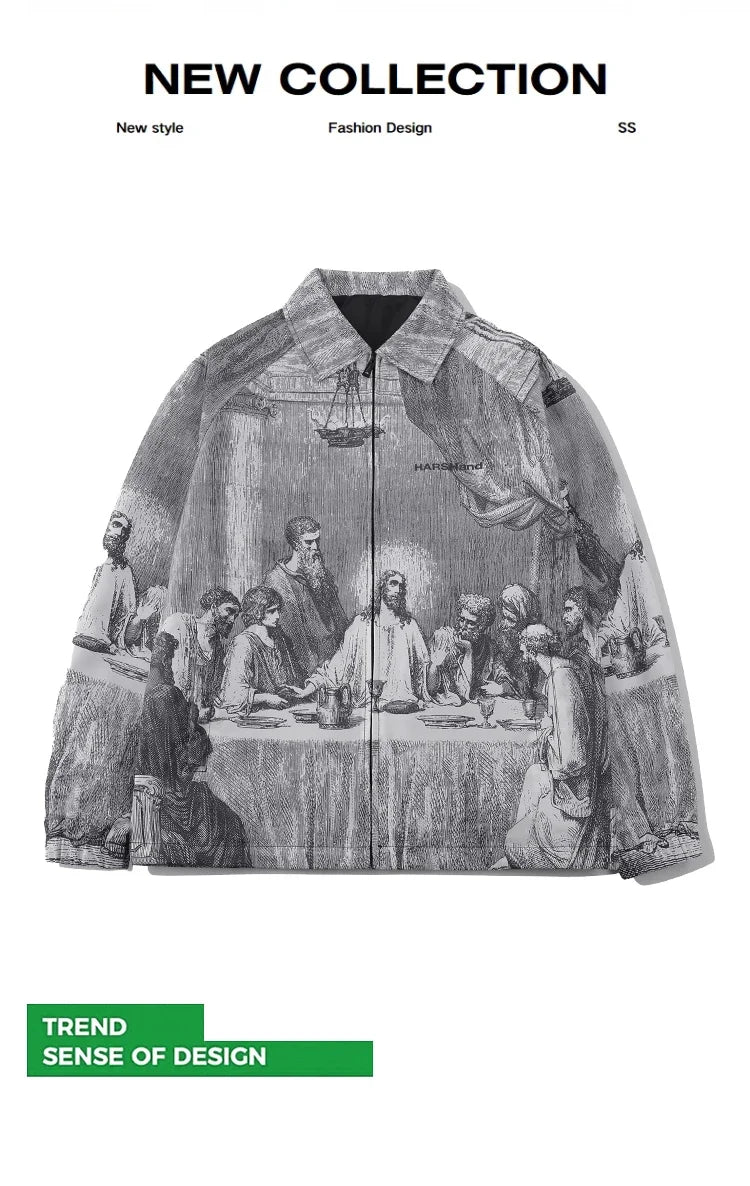 Autumn Men Jacket Oversized Painting Printing Couples Thin Casual Jackets Male Female Silk Vintage Clothing Man Coats Outerwear
