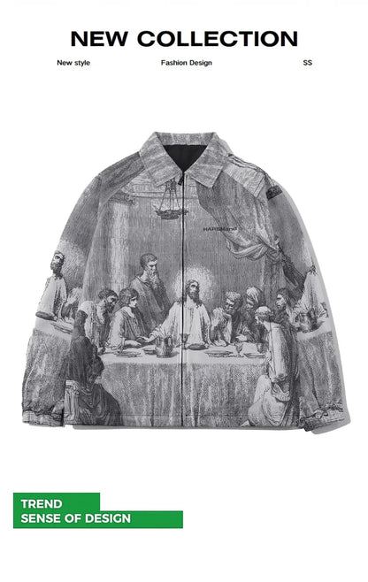 Autumn Men Jacket Oversized Painting Printing Couples Thin Casual Jackets Male Female Silk Vintage Clothing Man Coats Outerwear
