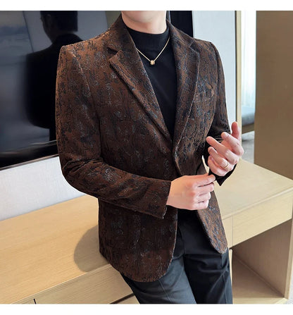 High Quality Plush Jacquard fashion Suit Jacket  Korean Version Slim Fit Business Retro Casual Social Wedding Suit Blazer 5XL-M
