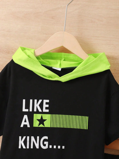 Summer  8-12  Years  Old Cool  Boys  Letter  Printing   Short  Sleeved  Hooded   Suit