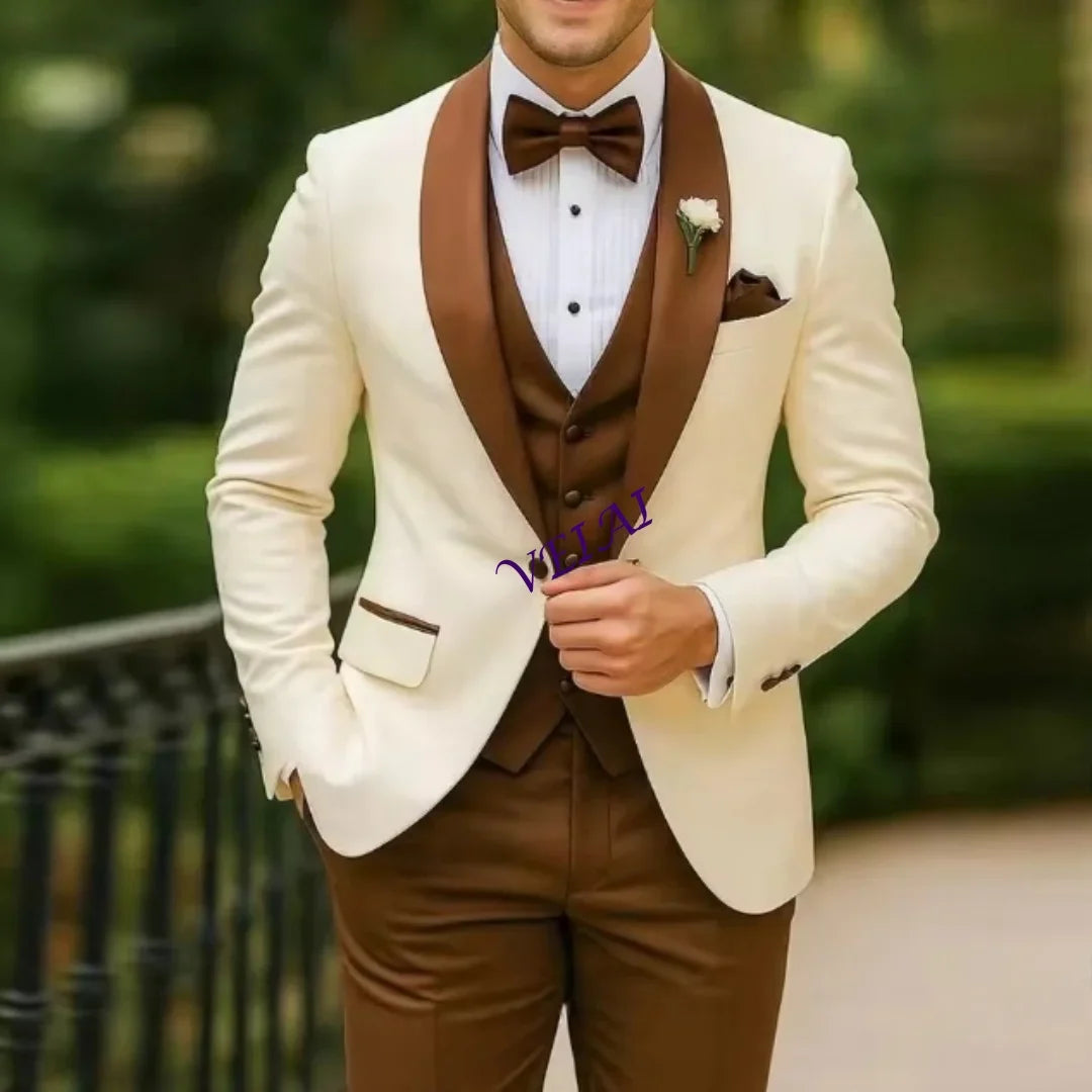 CustomizedNew White And Brown Formal Men Suit Groom Groomsman Wedding Party Prom Business Male Tuxedos 3 Piece Set Blazer Vest P