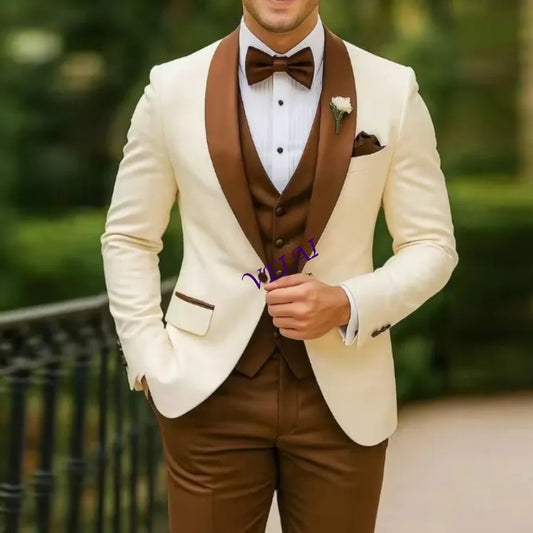 CustomizedNew White And Brown Formal Men Suit Groom Groomsman Wedding Party Prom Business Male Tuxedos 3 Piece Set Blazer Vest P