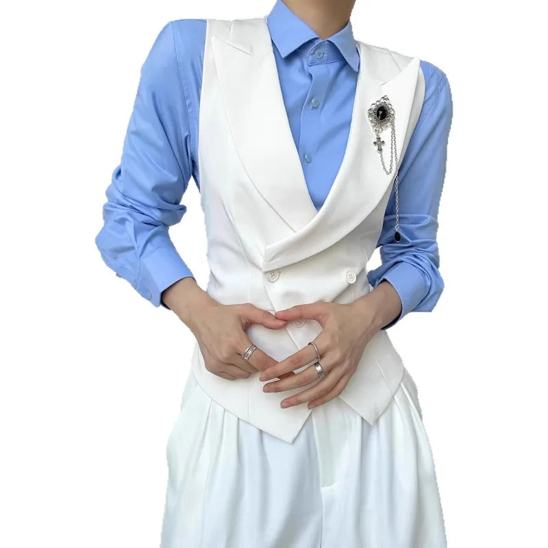 Men Vest Korean Simple Solid Turn Down Collar Sleeveless Man Waistcoat Slim Double-breasted Versatile Male Suit Vest