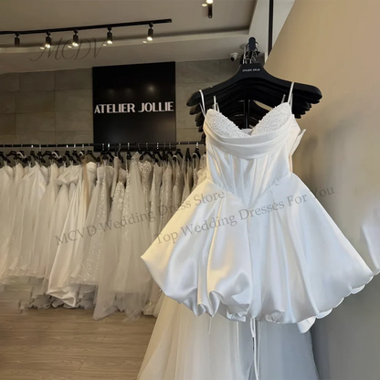 White Beaded Wedding Dresses Satin Pleats Sleeveless Mini Bridal Dresses A Line Lace Up Backless After Party 2026 Customized