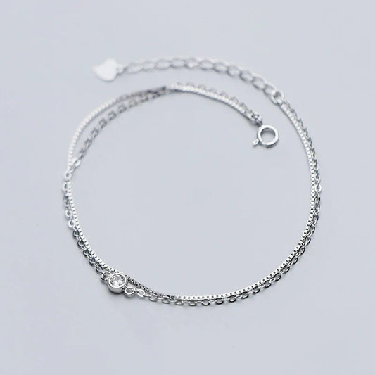 Véritable Bracelet Chaîne Maille Vénitienne Double Couche en Argent Sterling 925 avec Diamant Solitaire pour Femme, Bijou de Mode Élégant