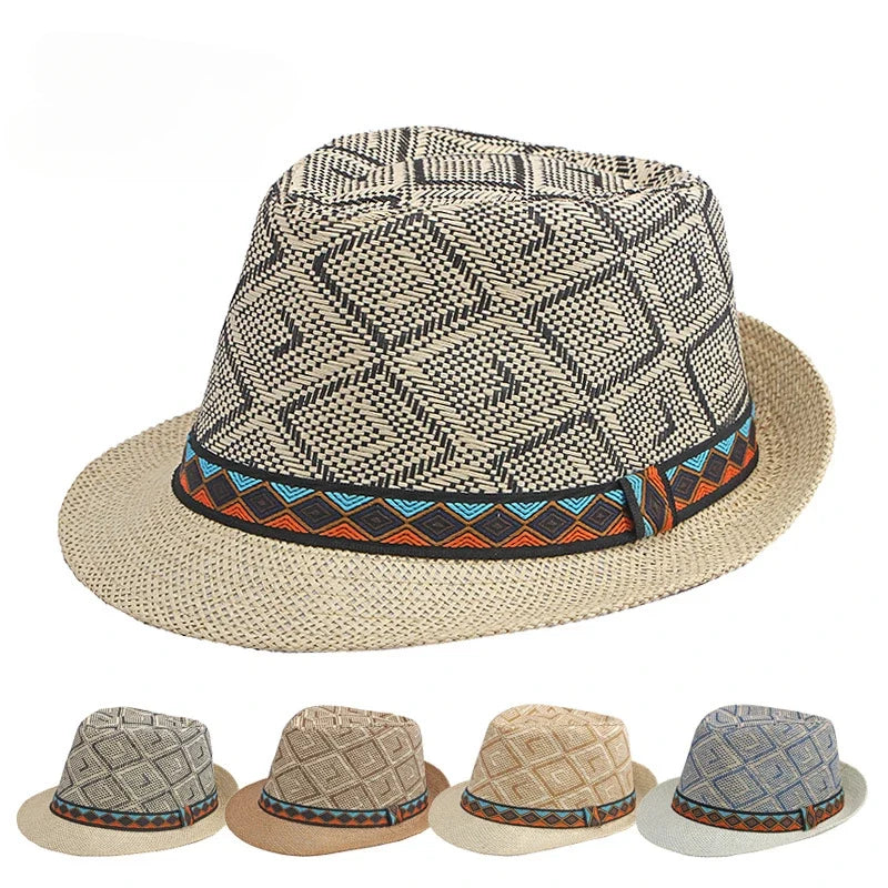 Men's Hat Woven Straw Sunshade Hat Casual Buckle Beach Sun White Wedding Black Belt Fedoras Jazz Hat Panama Cap