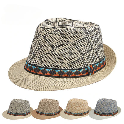 Men's Hat Woven Straw Sunshade Hat Casual Buckle Beach Sun White Wedding Black Belt Fedoras Jazz Hat Panama Cap