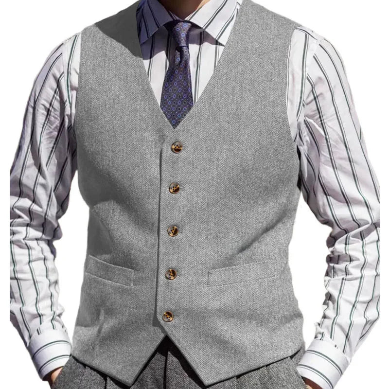 Men Vest Brown Herringbone Solid Color V Neck Waistcoat For Wedding Business Banquet Work Formal Daily Casual Men Suit Vest