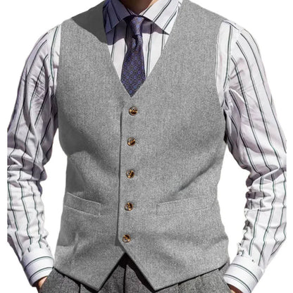 Men Vest Brown Herringbone Solid Color V Neck Waistcoat For Wedding Business Banquet Work Formal Daily Casual Men Suit Vest