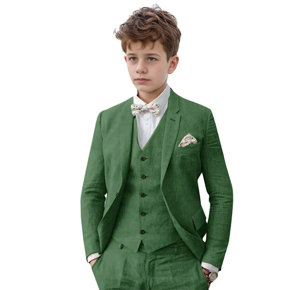 Breathable Linen Boys Suit Set 3 Pieces For Wedding Party,Notched Lapel Kids Suits Piano Performance Outfit Toddler 3-16Y