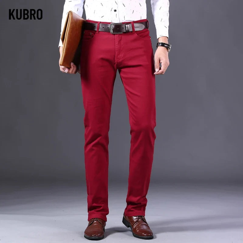 Brand Classic Style Men's Wine Red Jeans Fashion Business Casual Straight Denim Stretch Trousers Male Denim Pants Korean reviews