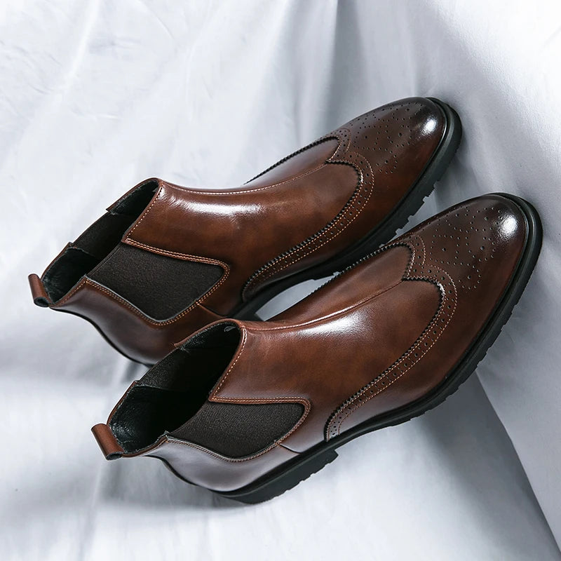 Luxury Men Brogue Boots Men's Ankle Boots High Quality Mens Chelsea Boots Slip on Oxford Formal Business Shoes Plus Size 38-46