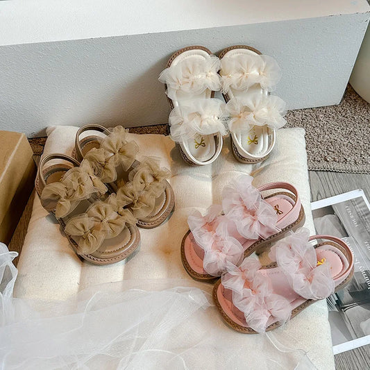 Girls' Sandals 2024 Summer New Fairy Style Princess Sandals with Mesh Bow Kids Versatile Fashion Sweet Beach Shoes for Vacation