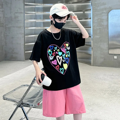 Summer Boys Suit Heart-Shaped Children Clothes Set for Kids Teenagers Casual Cotton T-shirt And Shorts 2 Pieces Tracksuit Child
