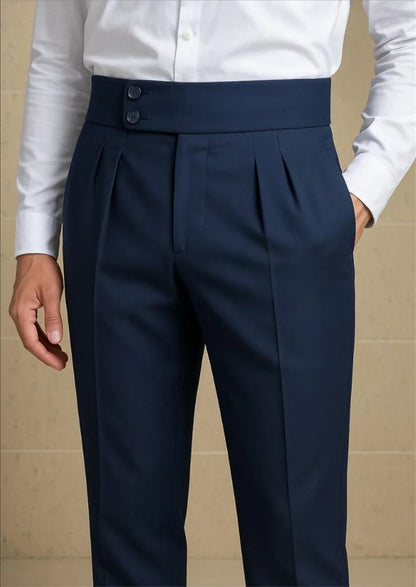 Navy Blue Men’s High Waisted Pleated Dress Pants Gurkha Style Trousers Double Button Waist Formal Pants Wedding Pants for Men