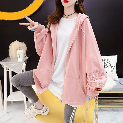 with Zipper Hooded Sweatshirt for Women Full Zip Up Embroidered Woman Tops Spring and Autumn Green Hoodies Long Dropshiping Coat