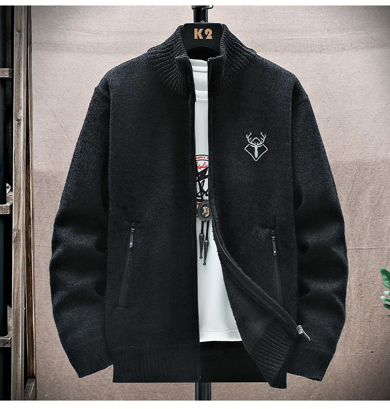 New Men's Fleece Cardigan Sweater Embroidery Casual Knit Sweater Jacket High Quality Male Autumn Winter Clothing