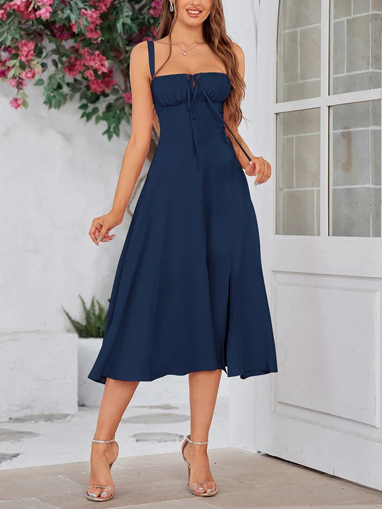 Summer Sweet Solid Sleeveless Long Dress Women Fashion Bandage Camisole Dresses Padded Boned Robe Elegant Party Vestidos