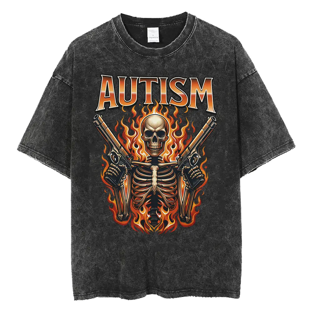 Autism Skeleton Meme T Shirt Human Funny Skull Men Women Harajuku Gothic Vintage Washed T Shirts Oversized Casual Cotton T-shirt