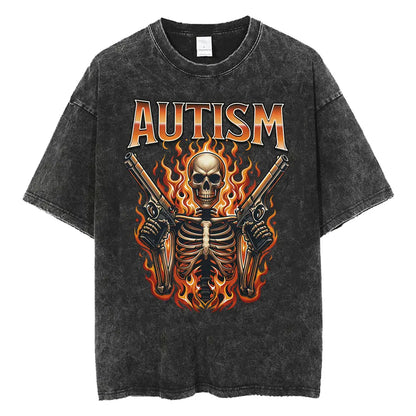 Autism Skeleton Meme T Shirt Human Funny Skull Men Women Harajuku Gothic Vintage Washed T Shirts Oversized Casual Cotton T-shirt