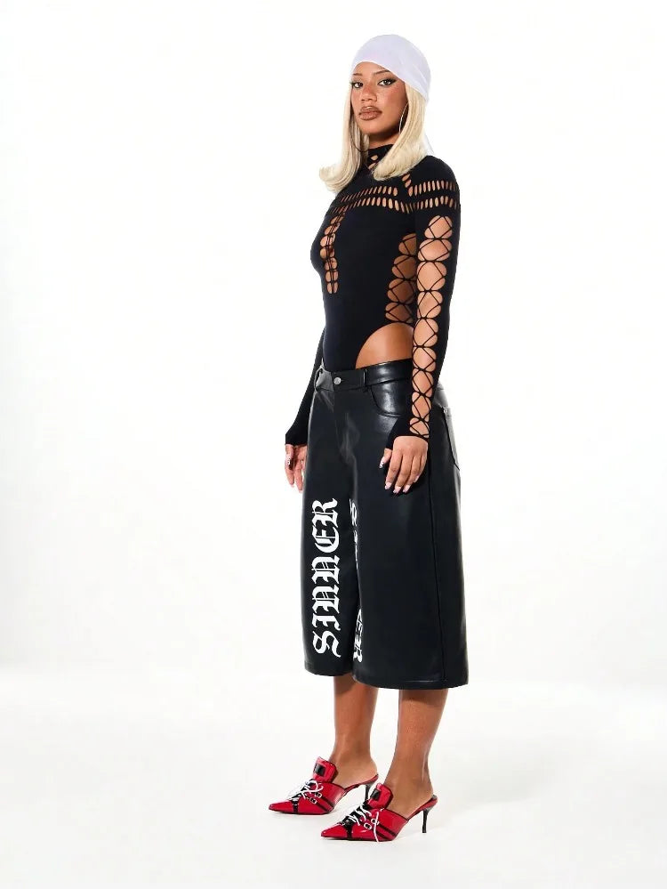 Summer Women's Y2K Sexy Bodysuit High Neck Bodycon Front Cutout & Lace-up Mesh Sleeve Stretchy Edggy Clubwear Streetwear