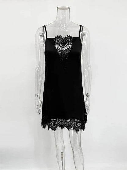 Trendix Black Lace Slip Dress Women exy Hollow Out Sleeveless Short Dresses Party Club Ruffle Loose Elegant Backless Mini Dress