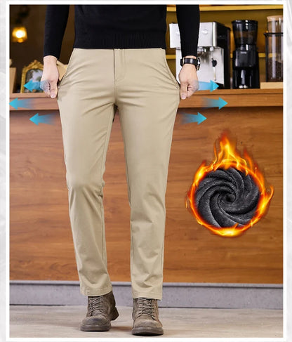 2025 Winter Fleece Pants Men's Pocket Fashion Thickened Cotton Stretch Comfort Plush Straight Business Pants Male