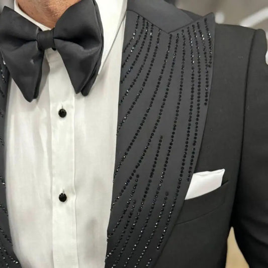 2 Pieces Men Suits Slim Fit Beaded Wedding Prom Tuxedo Shawl Lapel Single Decorative Button Formal Groom Party Office Wear