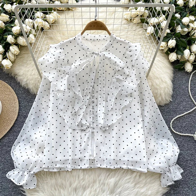 French Sweet Long Sleeved Blouse Women's Clothing Spring Autumn Bow Ruffle Edge Polka Dot Printed Chiffon Shirt Top C42