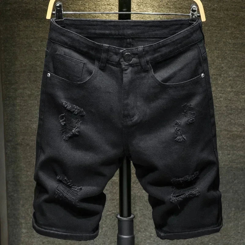 2024 New Summer Men's Casual Fashion Straight Denim Shorts Simple Ripped Streetwear Slim Fit Denim Shorts Male Black White