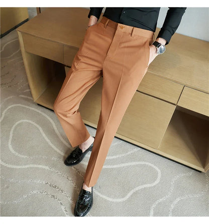 Autumn Mens Fashion Embroidered Trousers Korean Business Dress Solid Suit Pant Formal Office Social Slim Fit Casual Suit Pants