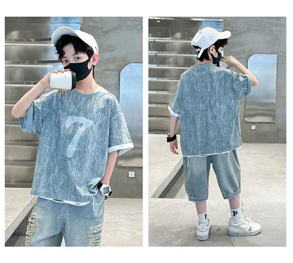Cool Cowboy Outfit Costume Suit for Kids Child Summer Clothes Set Denim T-shirt and Ripped Shorts Clothes Set for Teens Boy 5-14