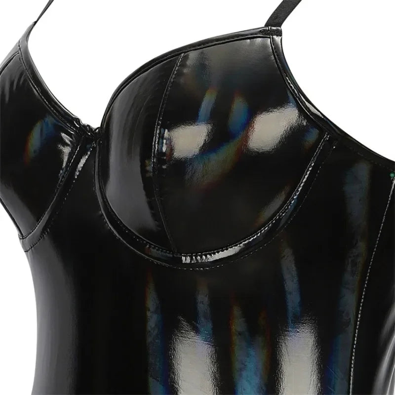 Wet Look Shiny PU Leather One-piece Bodysuits Women's Lingerie Swimsuit Spaghetti Strap Bra Push Up Overbust Corsets