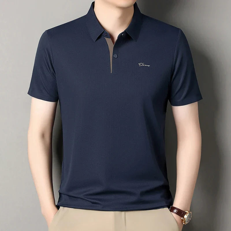 Summer seamless ice silk short sleeved T-shirt, polo shirt, flip collar, casual elastic top, breathable thin half sleeve