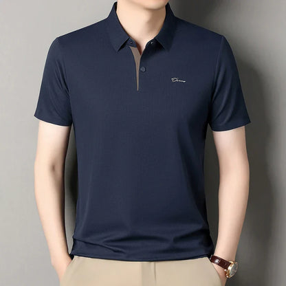 Summer seamless ice silk short sleeved T-shirt, polo shirt, flip collar, casual elastic top, breathable thin half sleeve