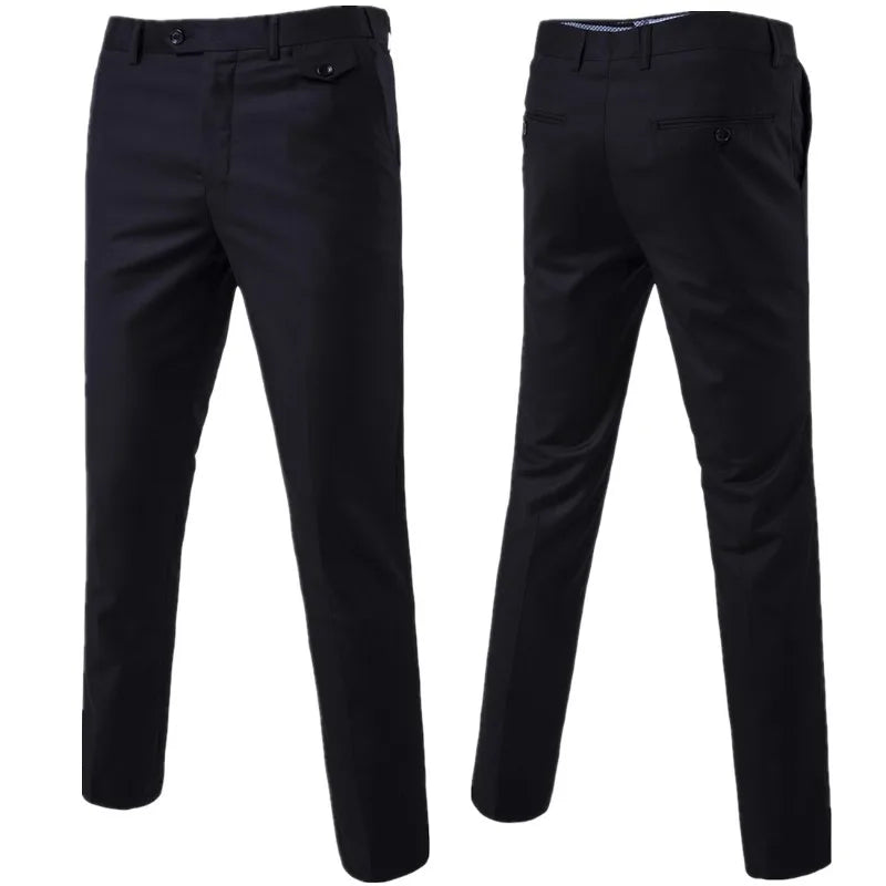 Mens Black Slim-Fit Suit Pants Business Casual Formal Trousers