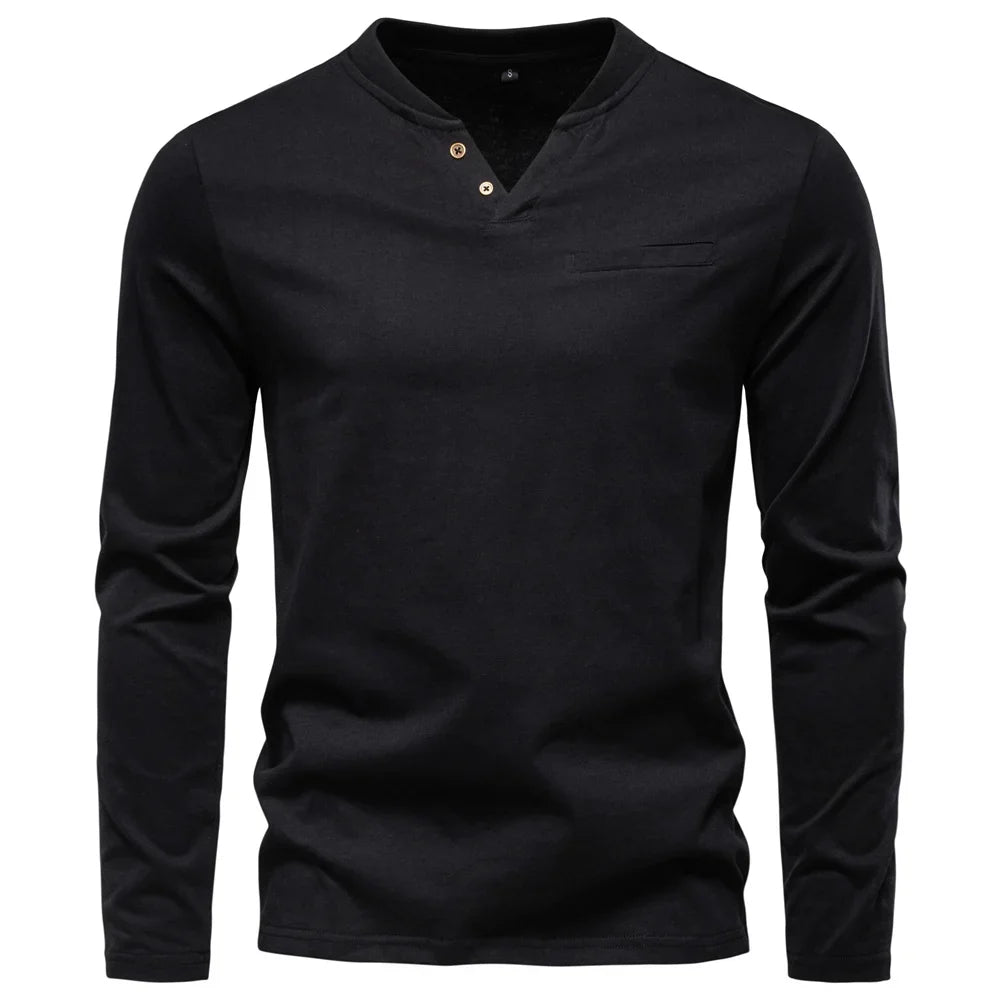 High Quality Men's long sleeve t-shirt Fashion pure 100% cotton henley collar T shirt man polera manga larga hombre
