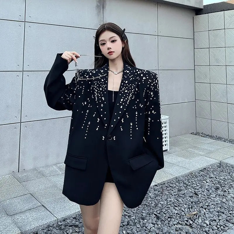 High-Quality Hot Diamond Black Blazer Women's Neutral Spring And Autumn New Design V ersatile Long-Sleeved Shoulder Padded Suit