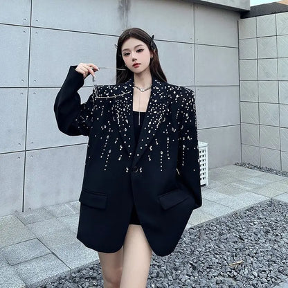 High-Quality Hot Diamond Black Blazer Women's Neutral Spring And Autumn New Design V ersatile Long-Sleeved Shoulder Padded Suit