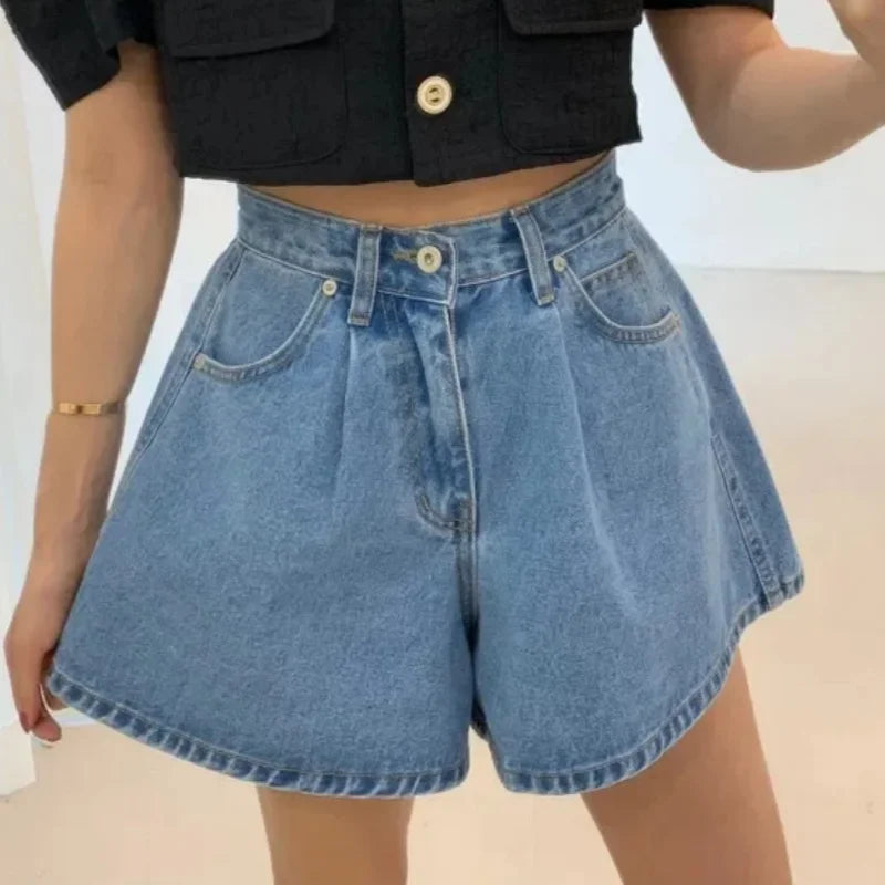Summer Washed High Waist Women's A-line Denim Shorts Pocket White 2025 New Casual Loose Wide Leg Jeans Shorts Female