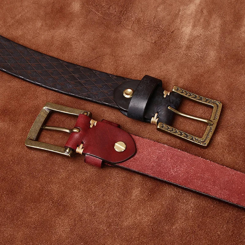 3.8CM Thickened Italian Pure Cowhide High Quality Genuine Leather Belts for Men Carving Strap Male Brass Buckle Jeans Cowboy