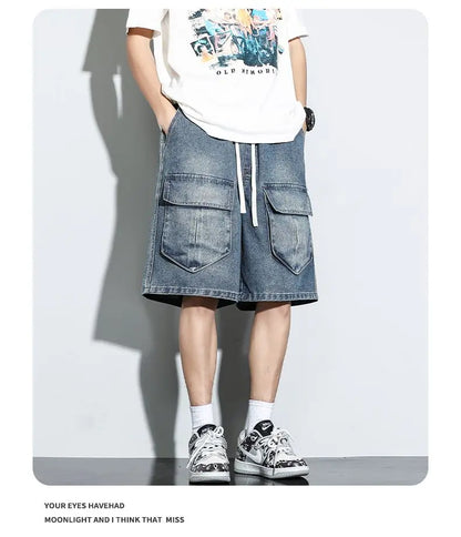 Bermuda Men's Denim Shorts Summer New Fashion Loose Jeans Casual Vintage Drawstring Cargo Short Pants Male Streetwear